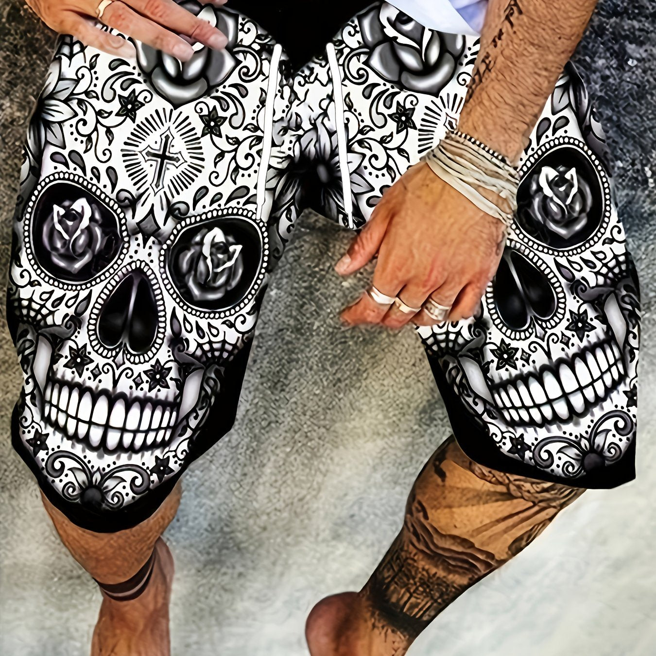 Men's Floral Skull Graphic Shorts 3D Print Elastic Waist Summer Outdoor Wear