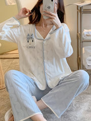 Cartoon Print Pajama Set Long Sleeve Top & Pants Women's Sleepwear