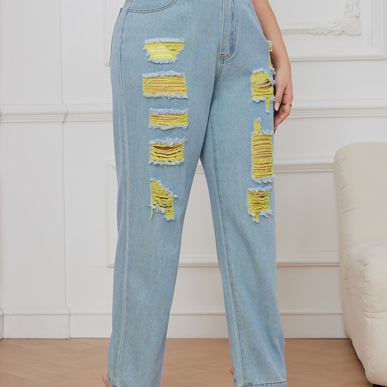 Colorblock Button Fly High Rise Ripped Jeans
