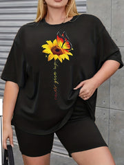 Sunflower & Butterfly Print Tee & Biker Shorts Lounge Set