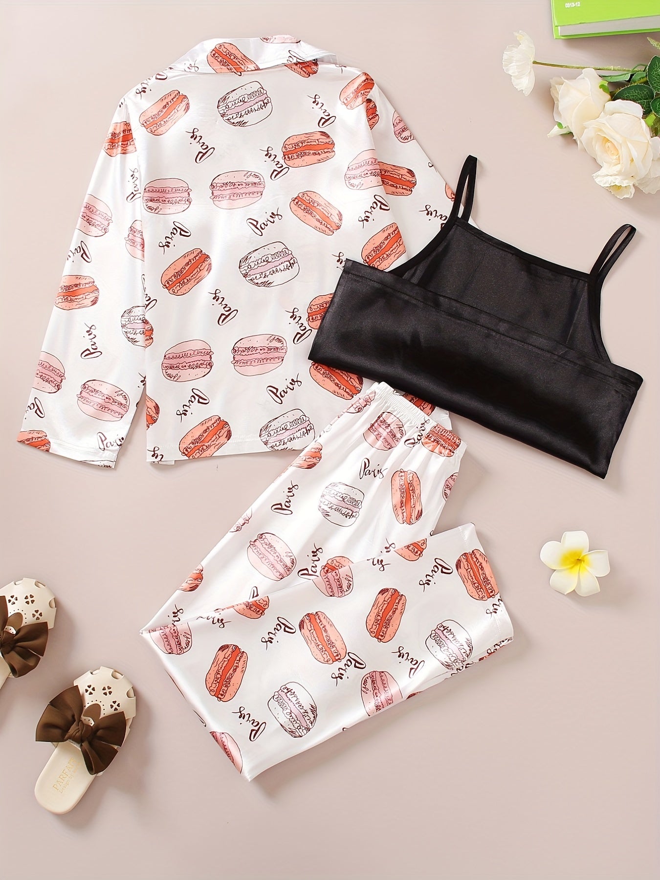 Kid's 3pcs Macaron Pattern Pajamas Set Comfy PJ Girl's Loungewear