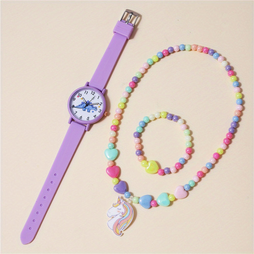 3pcs Set Dinosaur Pattern Kids Watch with Bracelet & Necklace