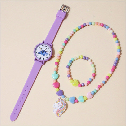 3pcs Set Dinosaur Pattern Kids Watch with Bracelet & Necklace