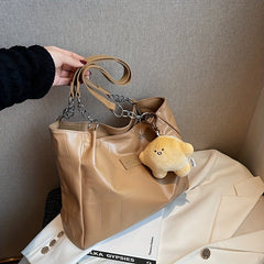 Large Capacity Tote Bag Casual PU Leather Shoulder Bag With Pendant