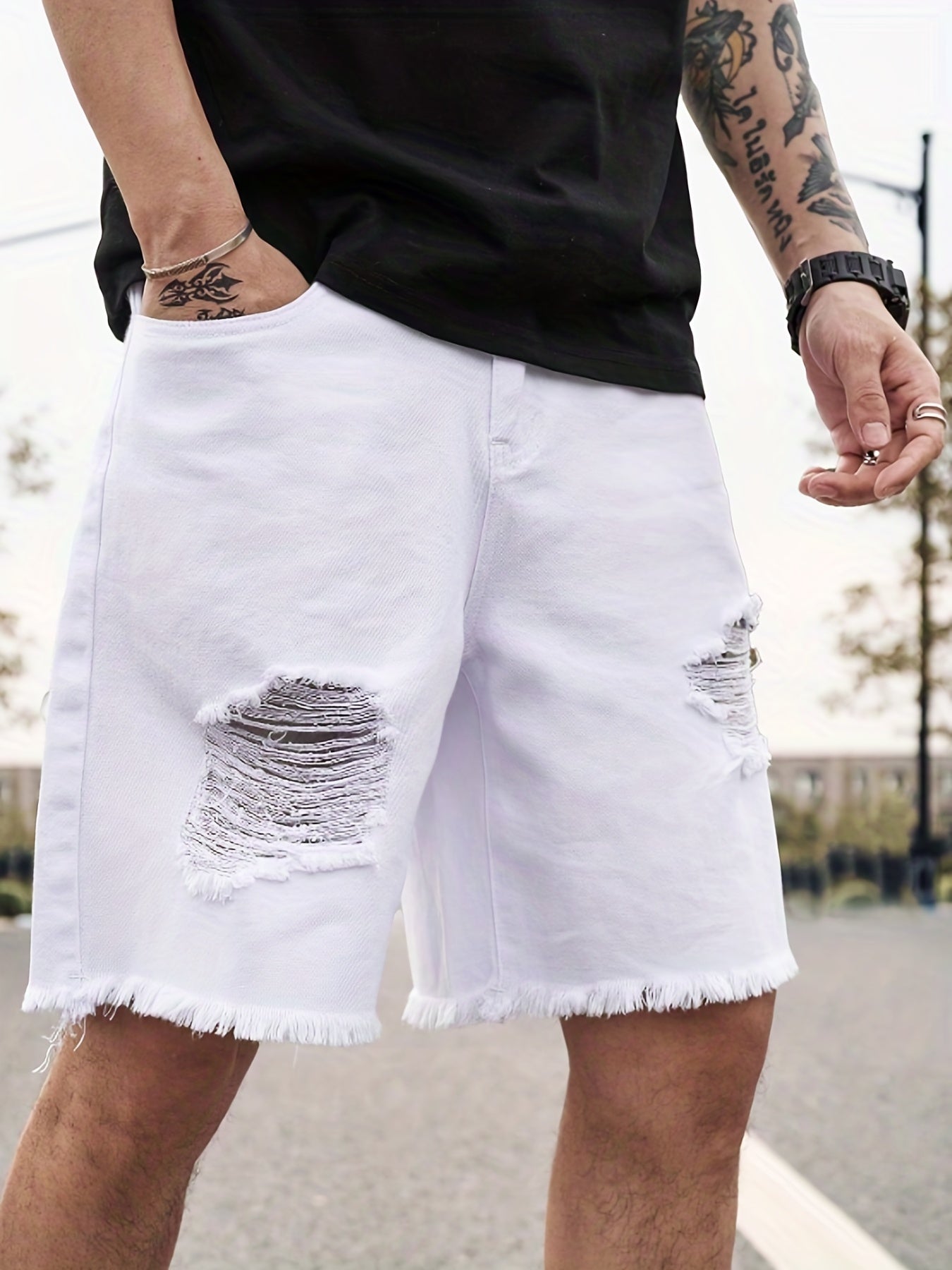 Men's Ripped Denim Shorts Casual Loose Fit Street Style Denim Cotton Shorts
