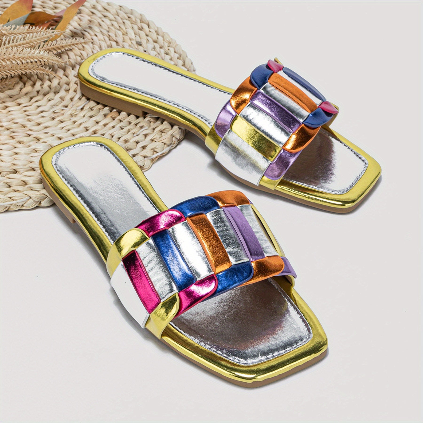 Women's Strappy Back Slide Sandals Slip On Flat Shoes Lightweight Square Toe