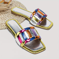 Women's Strappy Back Slide Sandals Slip On Flat Shoes Lightweight Square Toe