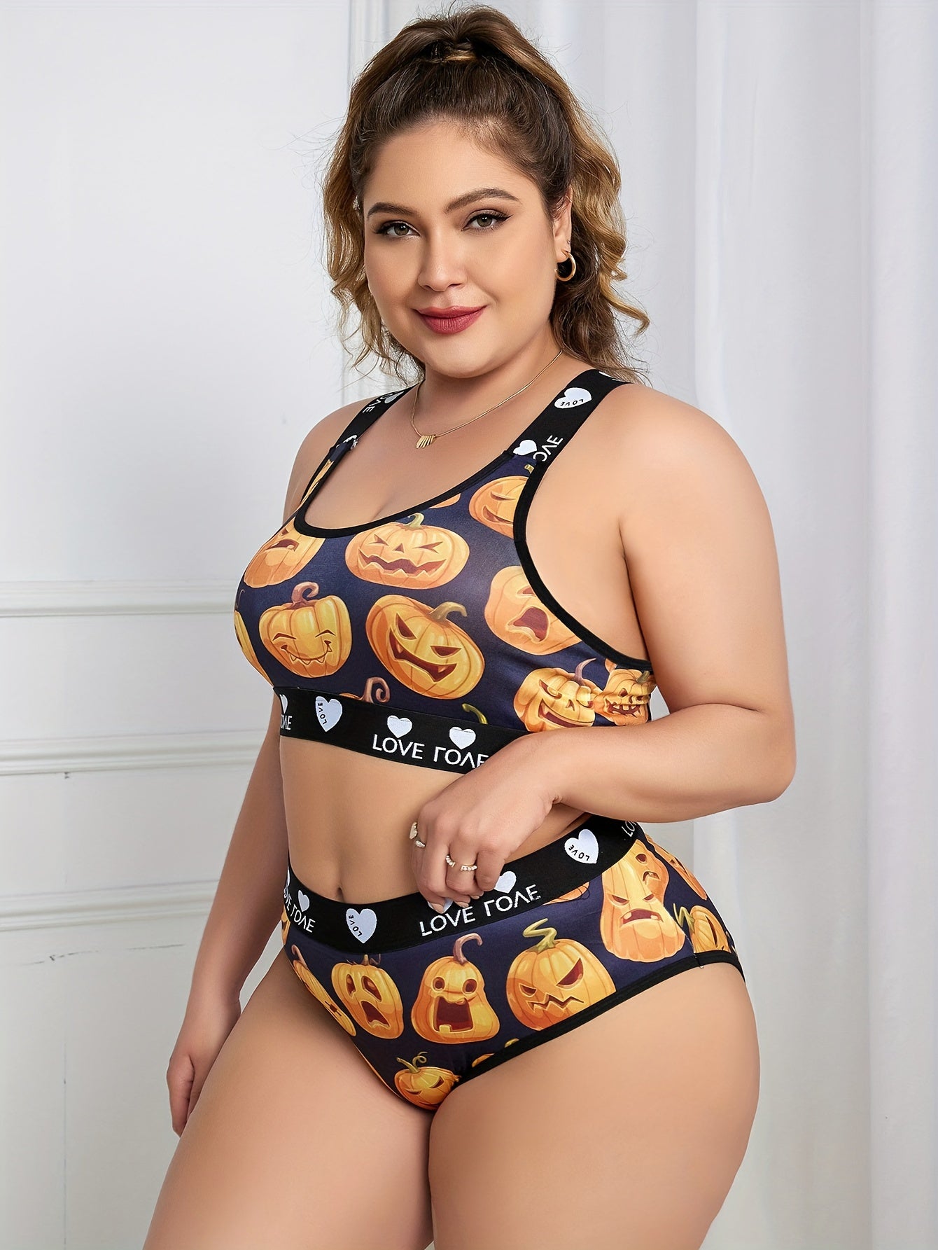 Casual Lingerie Pumpkin & Heart Pattern Set Women's Plus