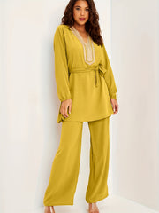 Applique Lantern Sleeve V Neck Belted Tunic Top & Wide Leg Pants Set