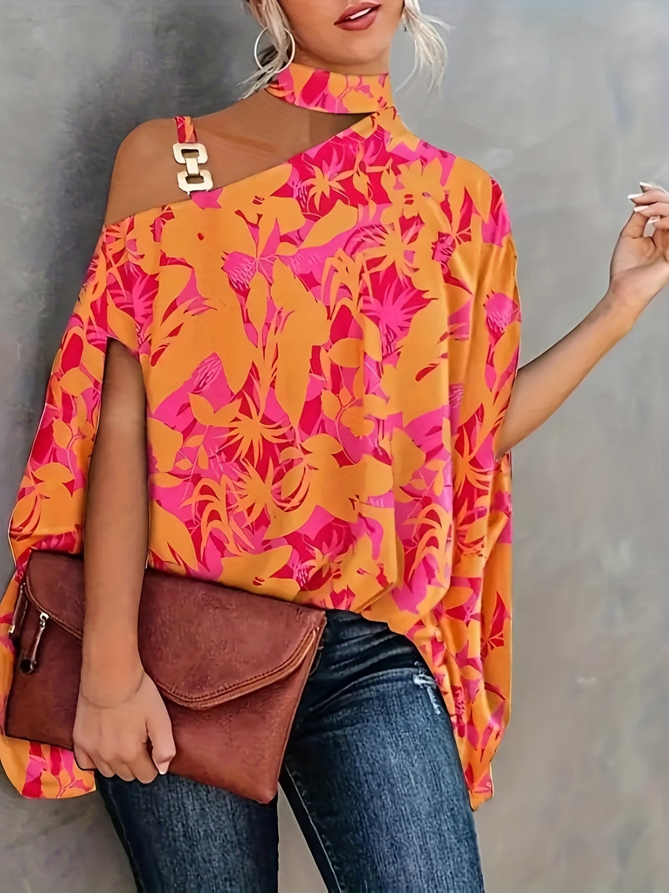Graphic Print One Shoulder Casual Blouse