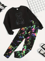 Graffiti Bear Print Boys Sweatshirt & Sweatpants Set