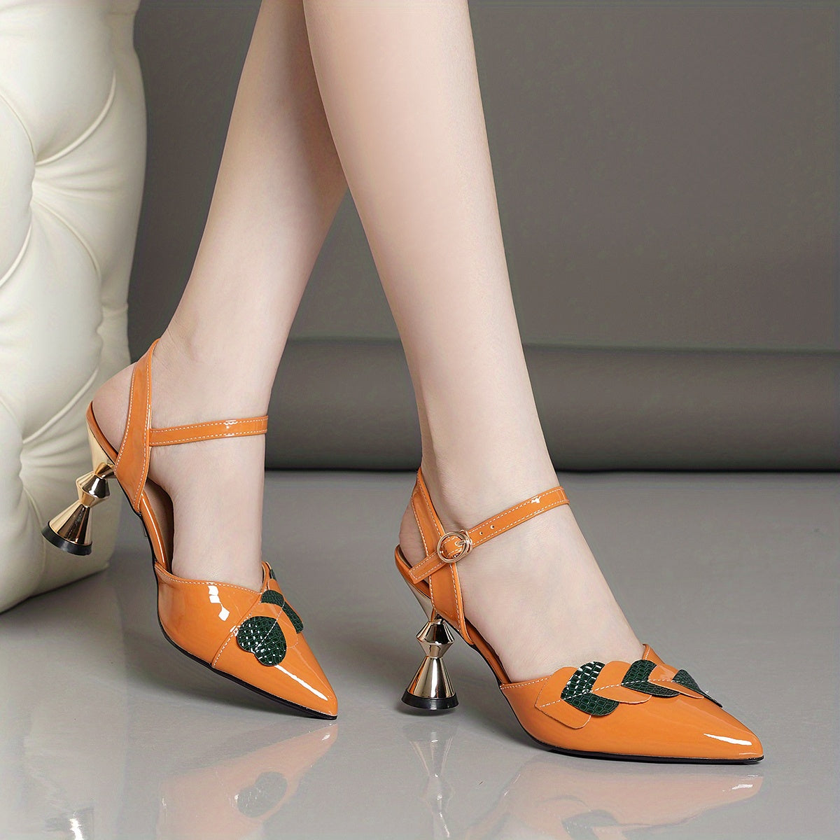 Colorful Heart Ankle Strap Heels Pointed Toe Slingback Pumps
