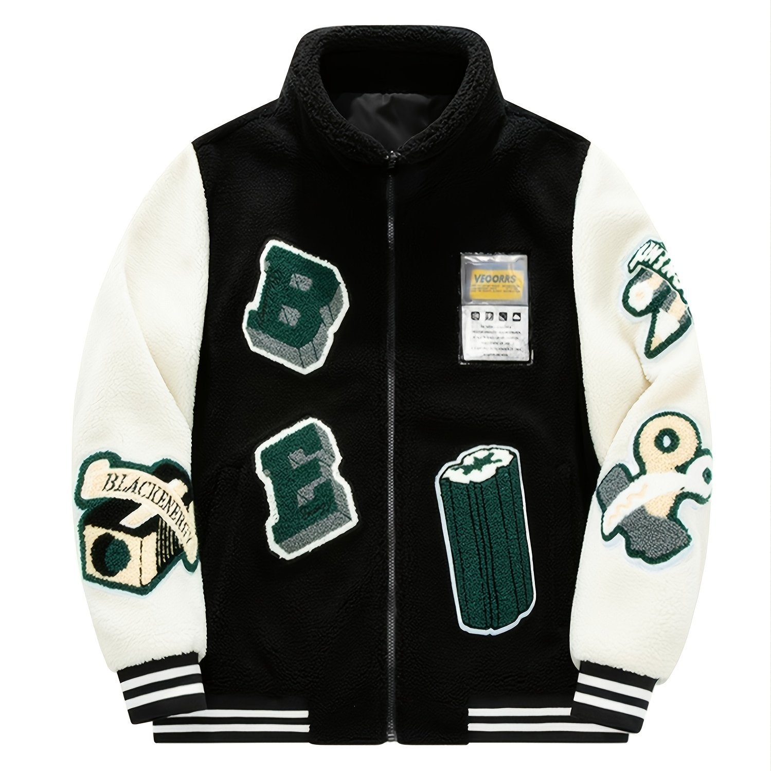 Men's Casual Lamb Fleece Block Jacket With Embroidered Patches