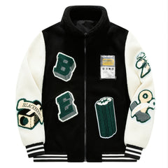 Men's Casual Lamb Fleece Block Jacket With Embroidered Patches