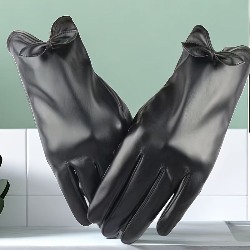 Solid Bow PU Gloves Warm Outdoor Riding Driving Coldproof Gloves