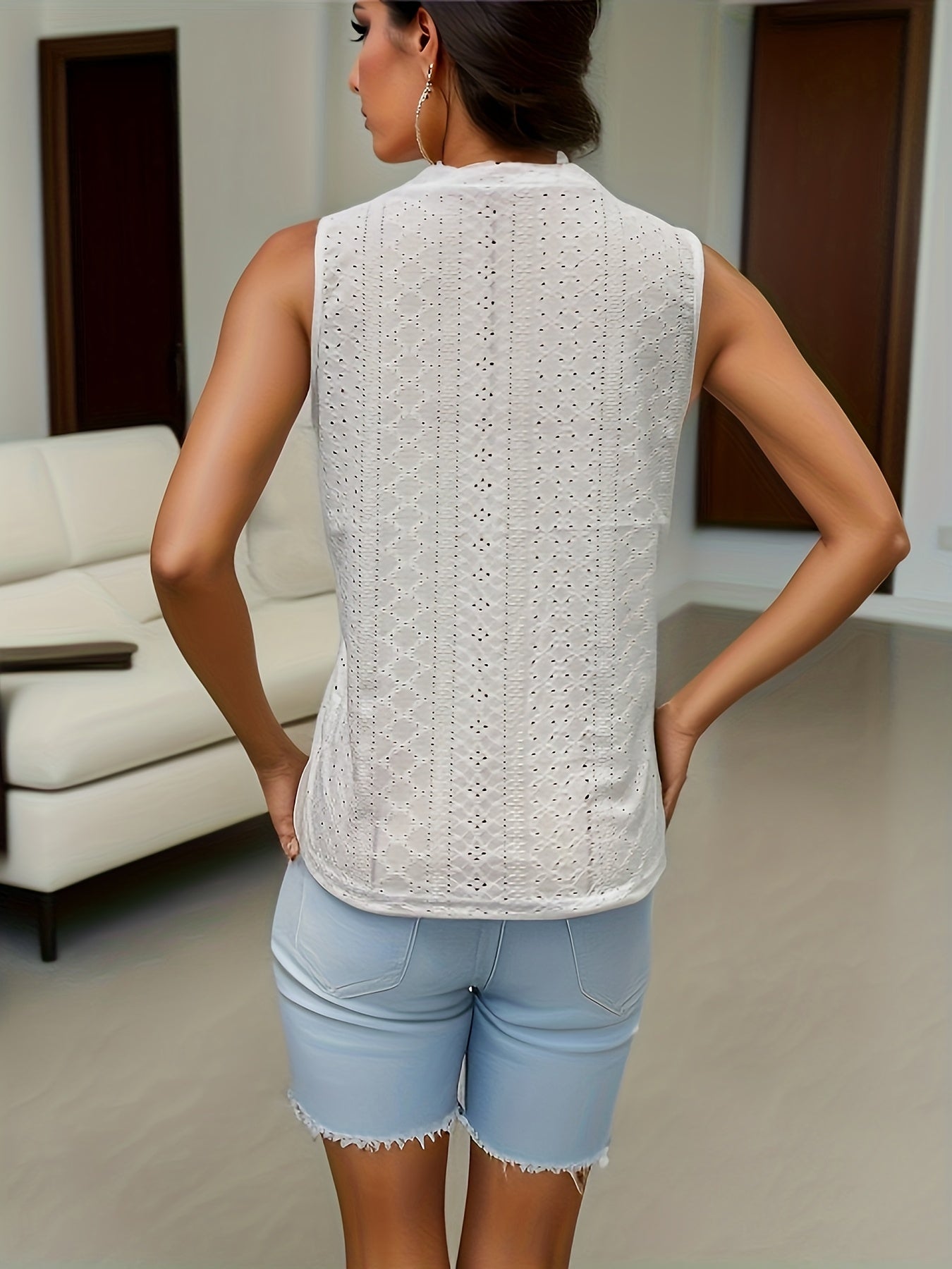 Eyelet Tank Top Crew Neck Summer Sleeveless Solid Top