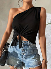 One Shoulder Tie Front Tank Top Summer Sleeveless Top