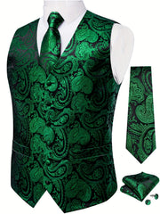 DiBanGu Mens Vest Silk Jacquard Woven Waistcoat Sleeveless Gilet