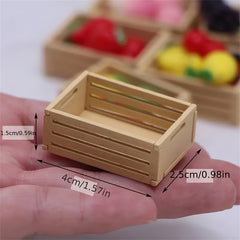 4pcs Mini Wooden Fruit Frame & Cloth Storage Basket Dollhouse Accessories