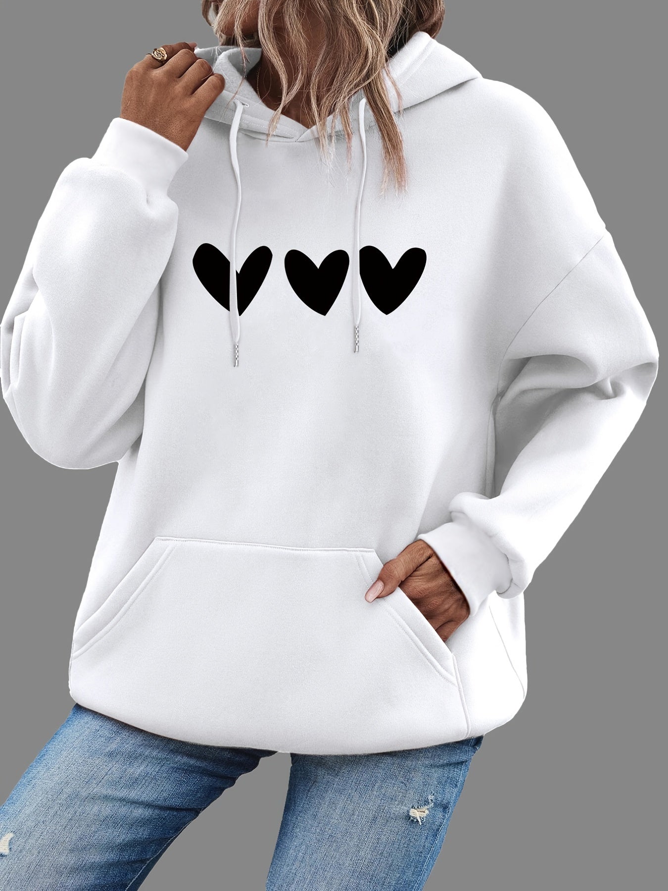 Heart Print Kangaroo Pocket Hoodie Long Sleeve Drawstring Hoodie