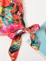 Boho Tankini Set Tropical Print V Neck Cami Top & Solid Panty Swimsuit