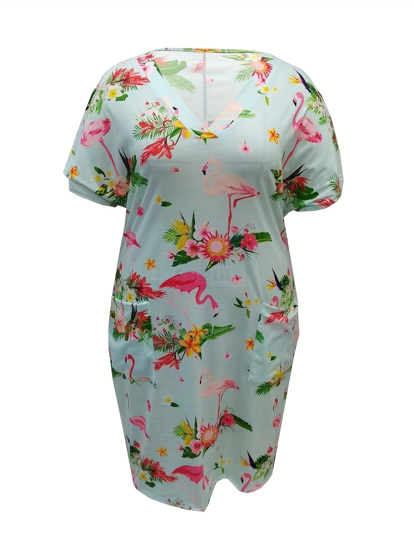 Women's Plus Flamingo & Floral Print Short Sleeve V Neck High Stretch Dress