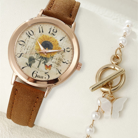 Floral Dial Quartz Watch & Butterfly Charm Bracelet Set
