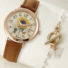 Floral Dial Quartz Watch & Butterfly Charm Bracelet Set