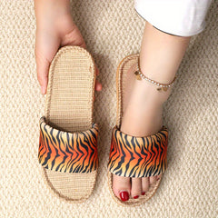 Women's Tiger Pattern Slide Sandals Linen Flat Shoes