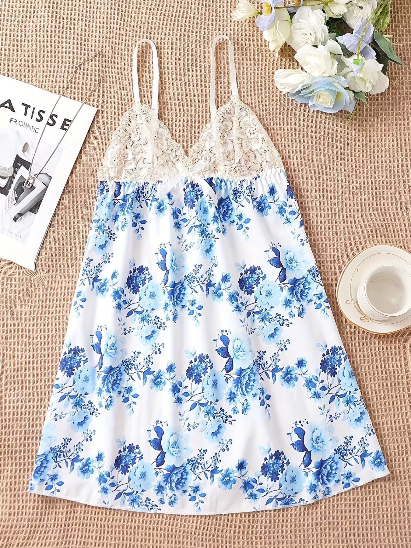 Floral Print Slip Nightdress with Lace Detail