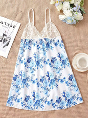 Floral Print Slip Nightdress with Lace Detail