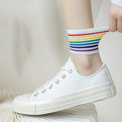 6 Pairs Rainbow Striped Crew Socks for Women