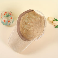 Beige Knit Baseball Cap with Faux Pearl Rhinestone Decor