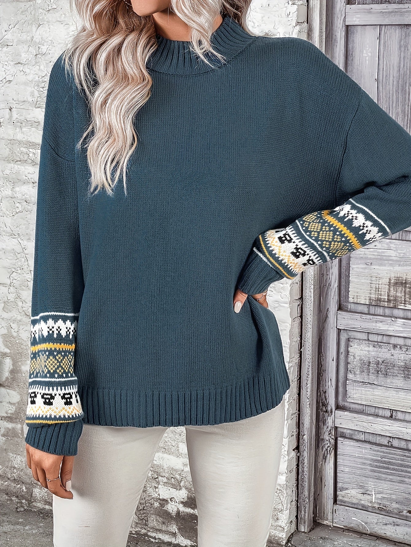 Women's Plus Colorblock Geometric Print Sweater Long Sleeve
