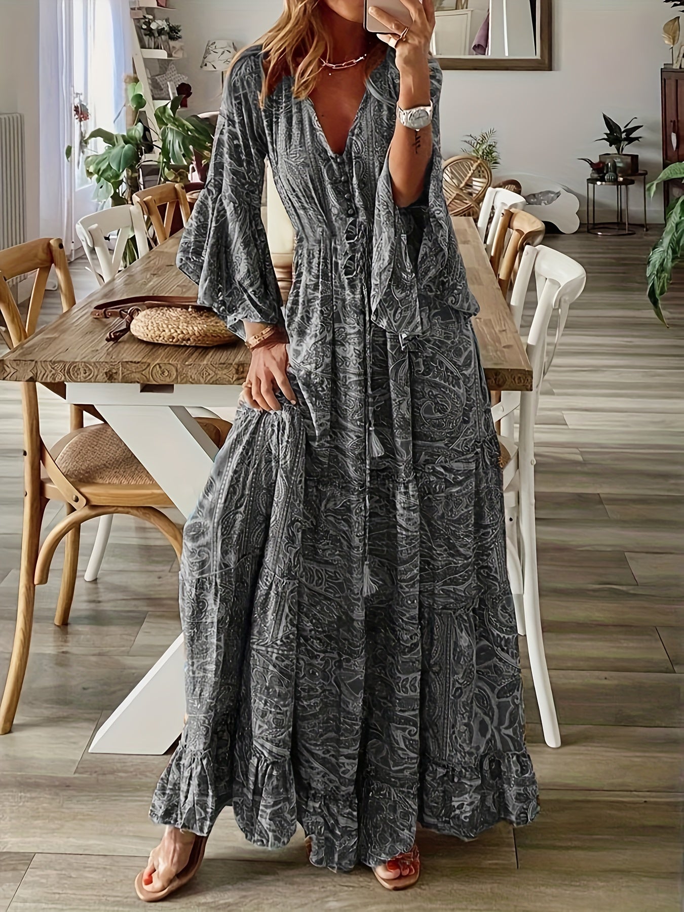Plus Size Boho Dress Women's Paisley Floral Bell Sleeve V Neck Maxi