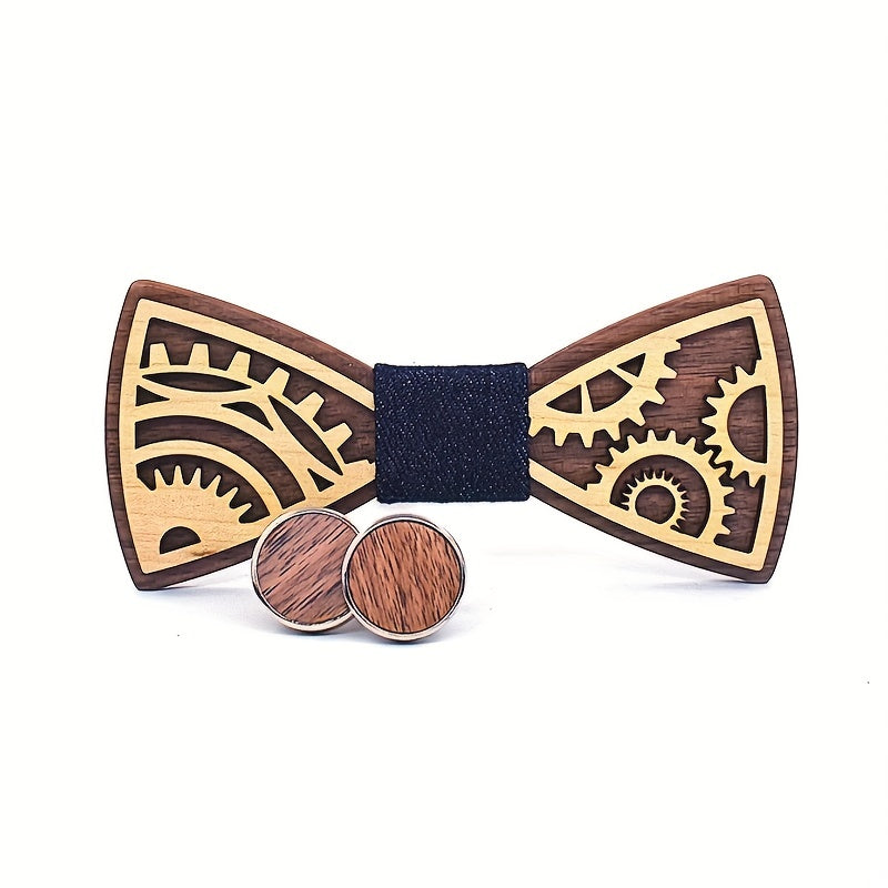 Steampunk Gear Wooden Bow Tie & Cufflinks Set for Party Wedding