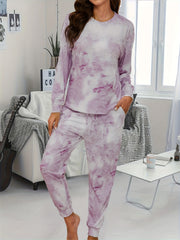 Tie Dye Print Lounge Set Long Sleeve Crew Neck Top & Pants