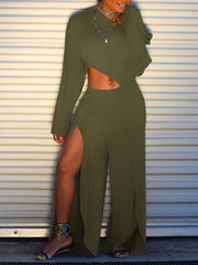 Solid Two piece Set Long Sleeve Crop T shirt & High Split Pants