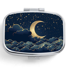 Celestial Night Sky Pill Box with Dual Compartments Metal Case for Travel