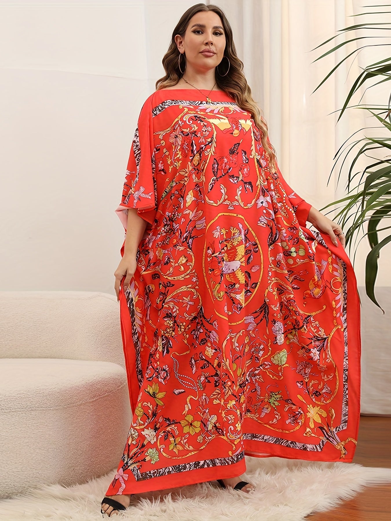 Floral Print Bat Sleeve Maxi Cover Up