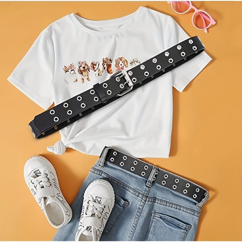 Girls Double Row Grommet Belts Kids PU Leather Belt