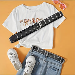 Girls Double Row Grommet Belts Kids PU Leather Belt