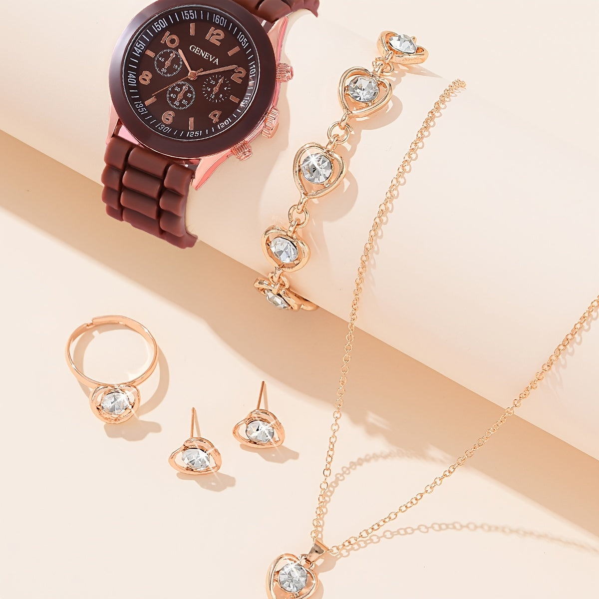 Silicone Quartz Watch & Rhinestone Heart Jewelry Set, Students Gift