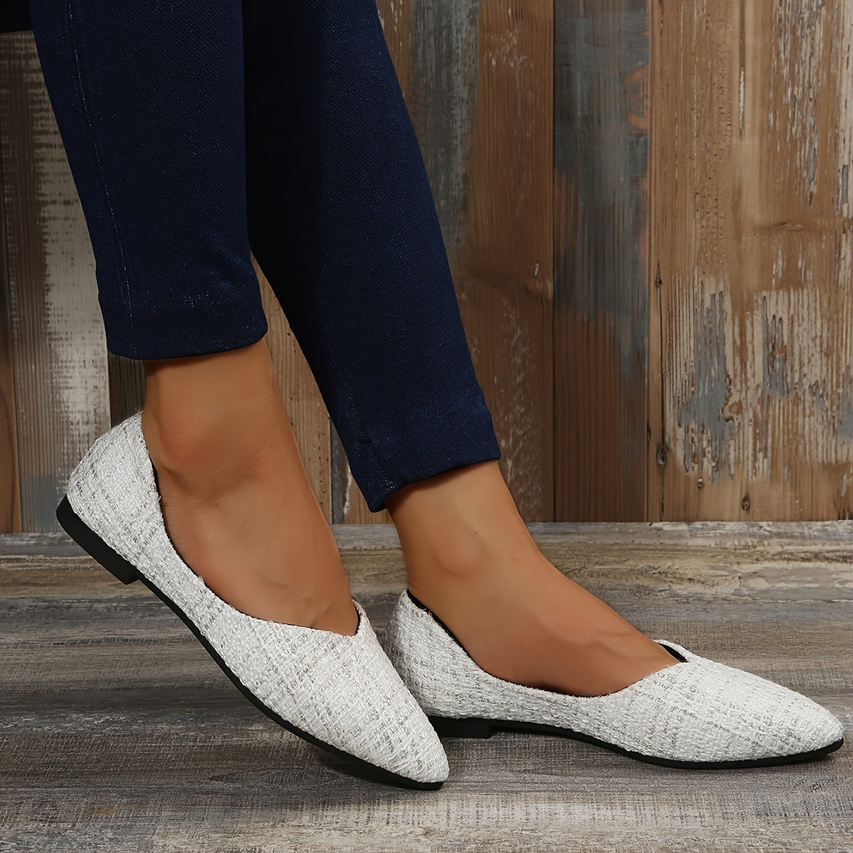 Women's Tweed Pointed Toe Flat Shoes Soft Sole Slip On Ballet Flats