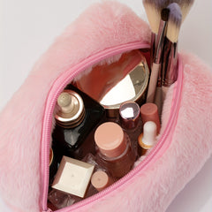 Pink Plush Cosmetic Bag Roomy Makeup Travel Portable Toiletry Organizer