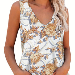 Chain & Floral Print Tank Top Women's V Neck Sleeveless Casual Summer Top