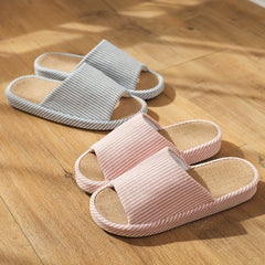 Women's Striped Flat Slippers Linen Open Toe Soft Home Shoes