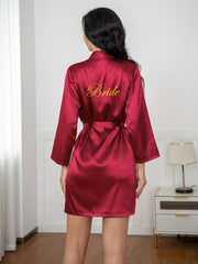 Letter Print Night Robe Long Sleeve V Neck Robe With Belt