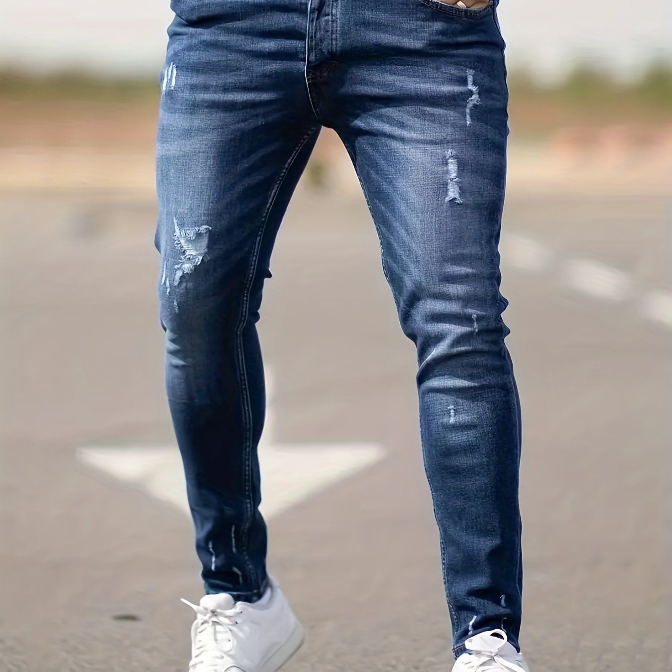 Slim Fit Tapered Jeans Mens Casual Street Style Distressed Denim Pants