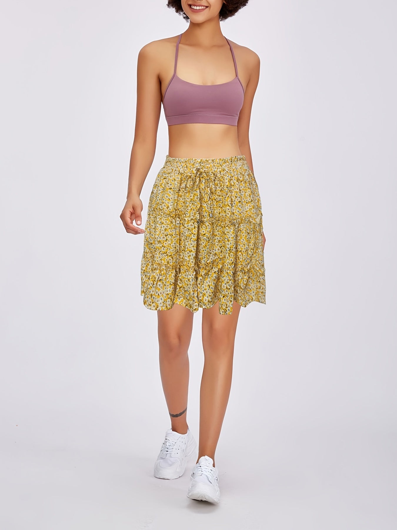 Floral Ruffle Layered Trim Skirt Boho Drawstring Women's Clothing